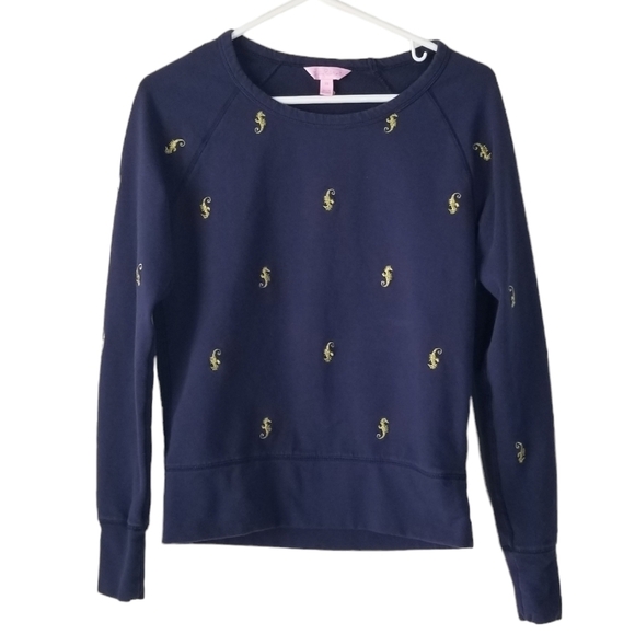 Lilly Pulitizer Navy Sweatshirt with Gold Embroidered Seahorse Size XS - Picture 1 of 12